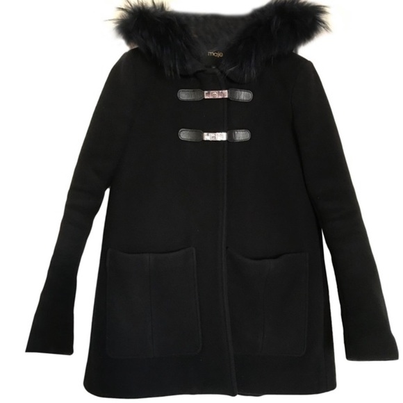 Maje fall coat w leather buckled and fur trim hood - Picture 1 of 2